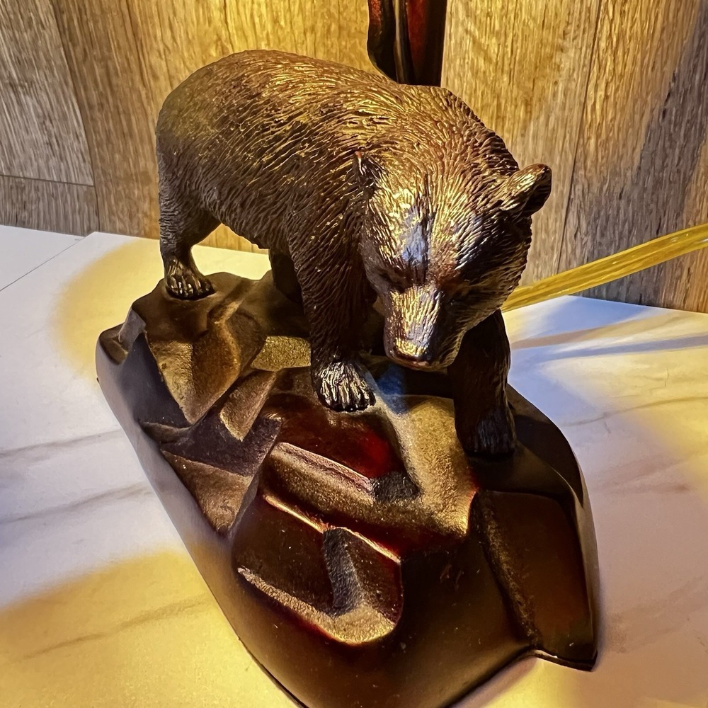Vtg Art Nouveau/Liberty Metal Bear Lamp Amber Glass Shade MINT Cabin/Lake Decor - Picture 4 of 8